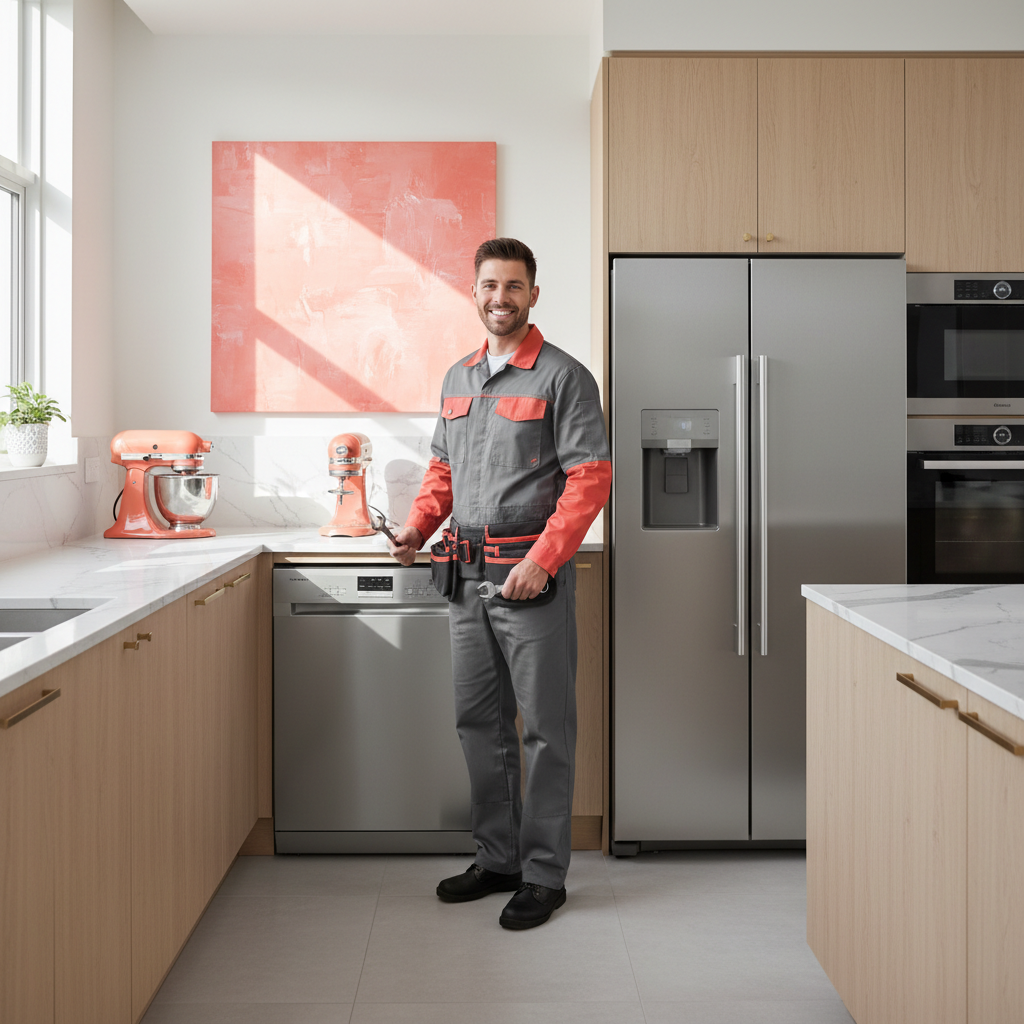 Smiling appliance repair technician in a bright modern kitchen