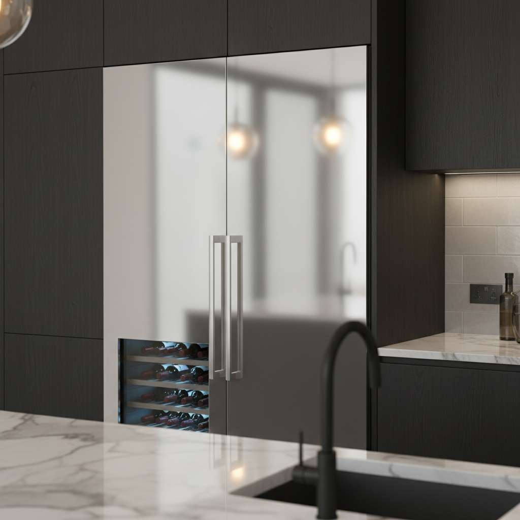 Close-up of built-in refrigerator and wine cooler in a modern kitchen
