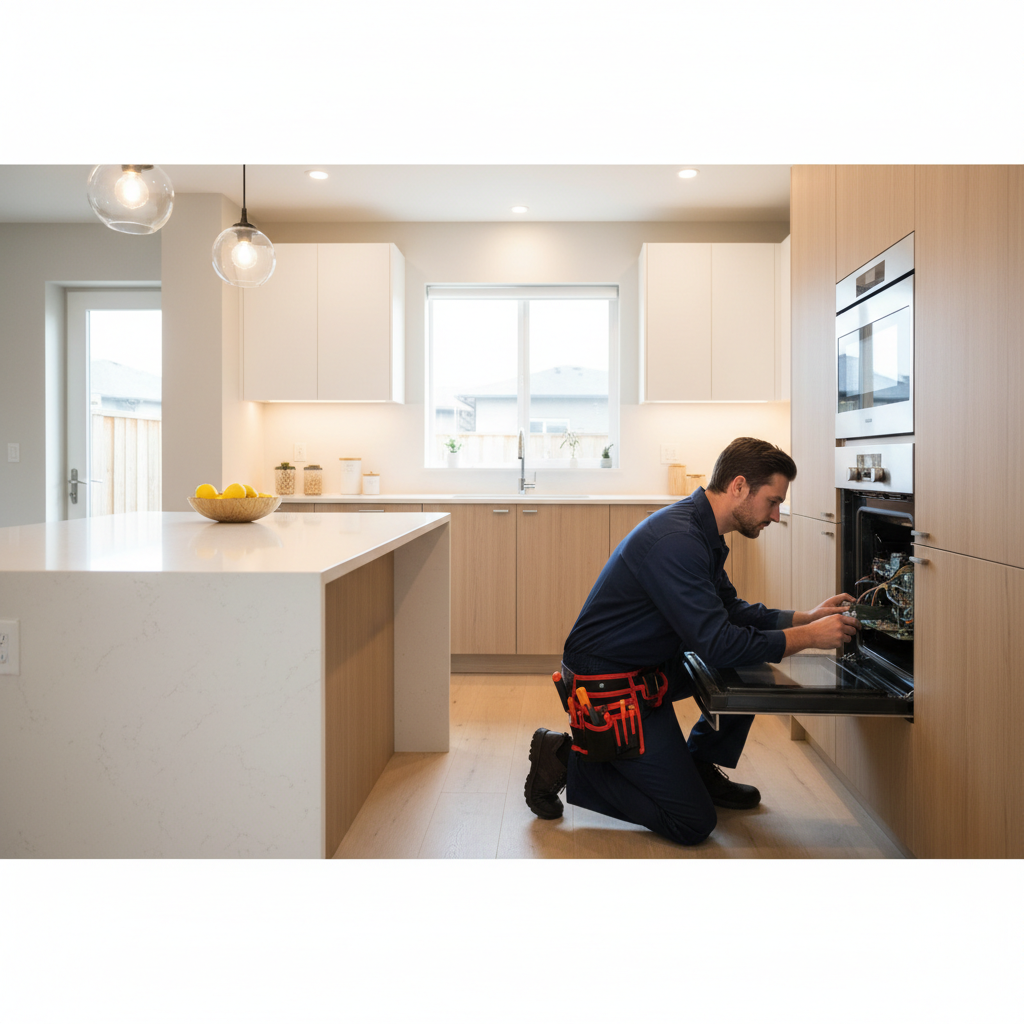 Technician repairing a built-in oven in a bright kitchen